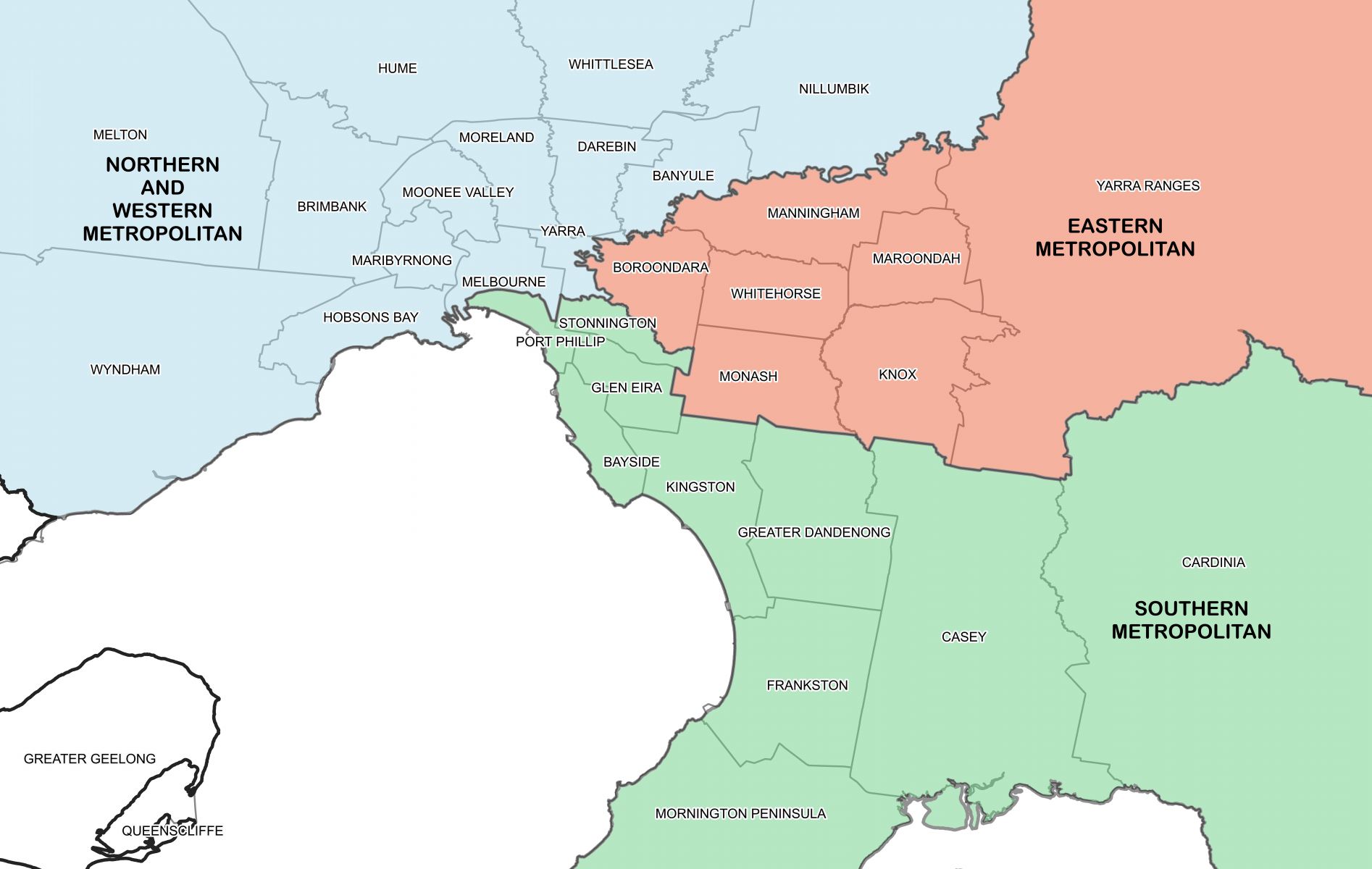 This map shows the areas which make up the Melbourne metro regions