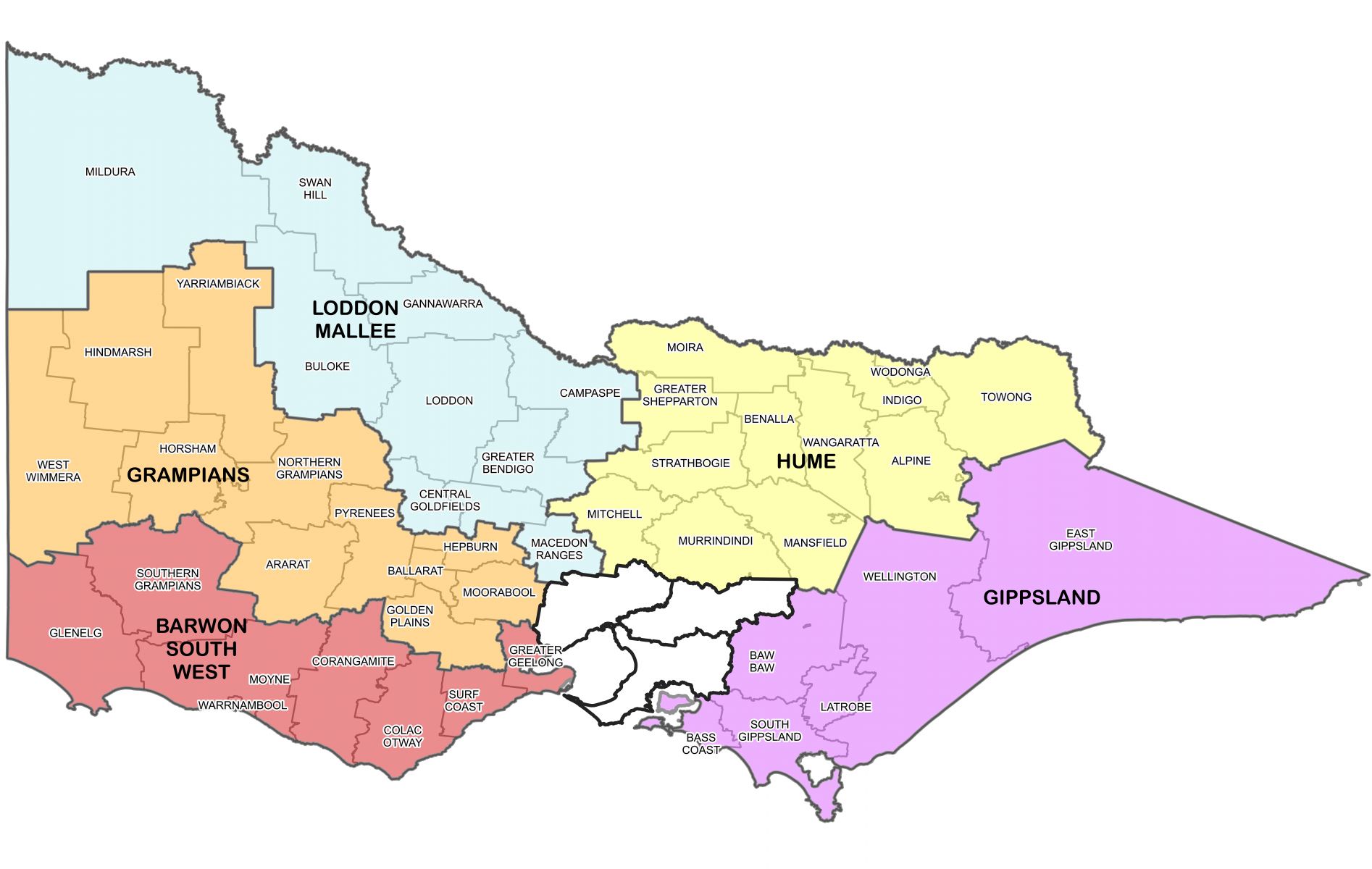 This map shows the areas which make up the Victorian regions